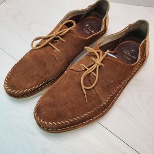 Clarks 1825 Tan Brown Suede Whipstitch Moccasin Derby Shoes Mens 12 Smart-Casual